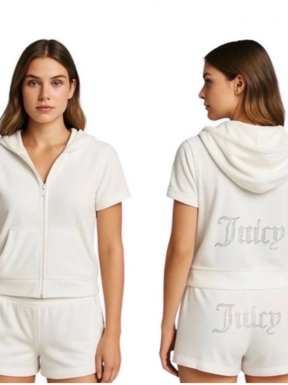 Juicy Couture White Short-Sleeve Zip Hoodie Short Set